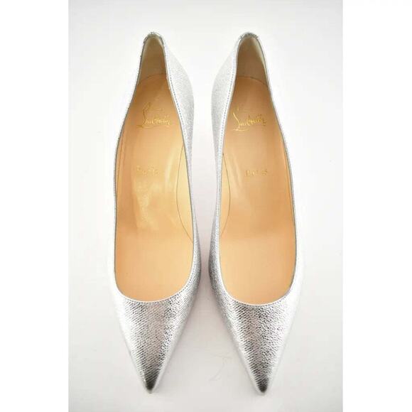 Christian Louboutin Kate 55 Silver Calf Lame Tweed Kitten Low Heel Pump Shoe 37 - Picture 5 of 9